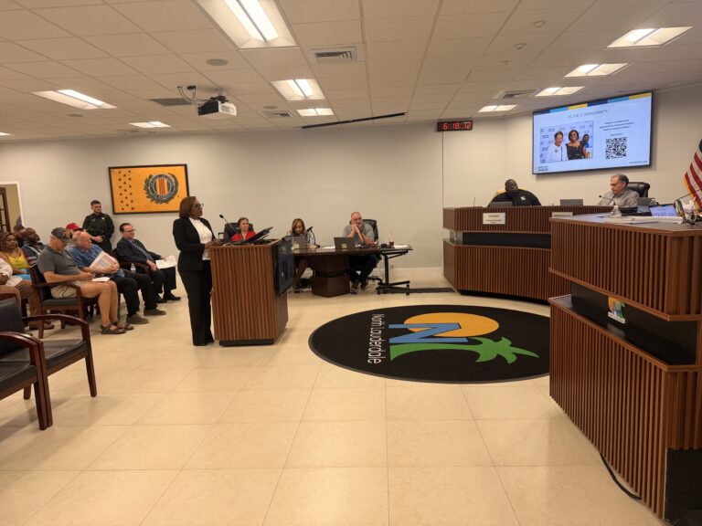Broward County Tax Collector Abbey Ajayi speaks during a North Lauderdale City Commission meeting.