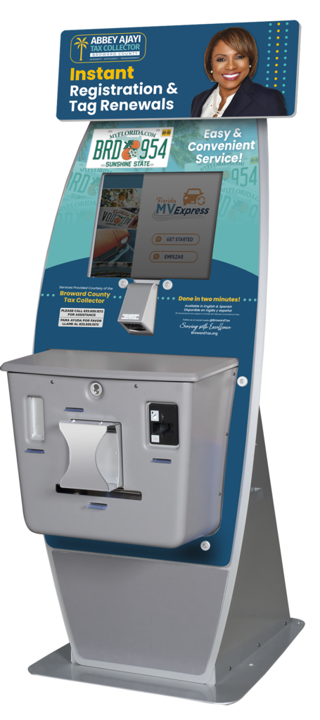 Broward County Tax Collector self-service kiosk for instant vehicle registration and tag renewals.